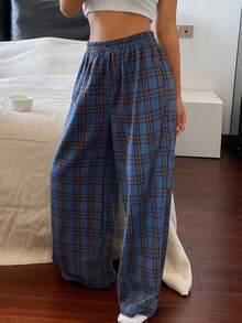 Livesso Plaid Loose Straight Elastic Waist Pajama Pants For Women, Loungewear - Red - View 5