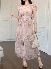 DAZY Đầm slip tay ngắn xếp ly họa tiết hoa nhí, đầm công sở thanh lịch cổ vuông. - Hồng - Xem 3