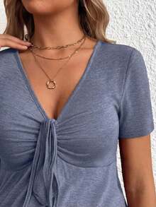 SHEIN Kaos Hamil Lengan Pendek Kasual Serbaguna dengan Leher V dan Detail Lipatan untuk Musim Gugur - Biru - View 5