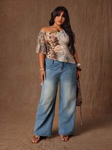 Rustia 大码女式斜肩豹纹修身舒适印花T恤，性感 - 彩色 - 查看 6