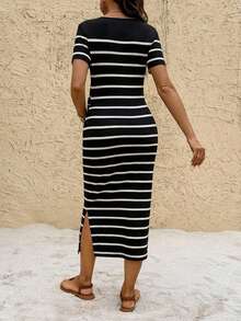 Pregnant Women Round Neck Short Sleeve Slit Striped Casual Summer Dress - Black - View 2