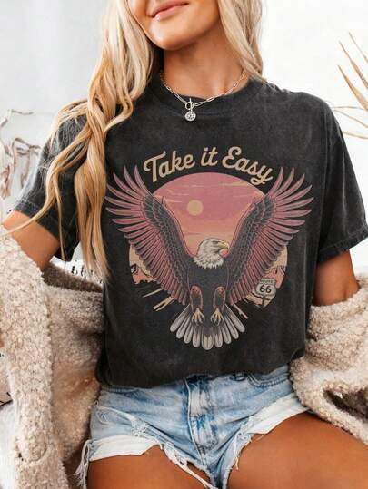 INAWLY 女士休闲“轻松自在”图案T恤 - 短袖圆领，彩色鸟类和文字设计，是春夏运动装扮的完美之选，运动上衣 | 趣味图案T恤 | 亮面面料