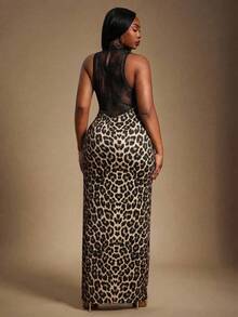 Radiana Women's Multicolor Plus Size Leopard Print Sleeveless Knitted Fabric Bodycon Maxi Dress With Stand Collar - Multicolor - View 4