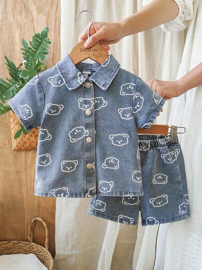 SHEIN Summer Washed Light Blue Simple Versatile Fashion Toddler Boys' Denim Set