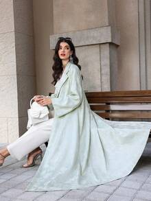 Yasmyna Women's Green Woven Jacquard Collar Elegant Arabic Abaya, Spring/Summer - Green - View 7