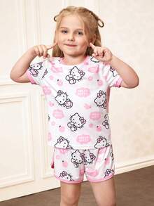 HELLO KITTY AND FRIENDS | SHEIN 女童字母卡通印花圆领短袖上衣和松紧腰短裤休闲睡衣套装 - 白色 - 查看 6
