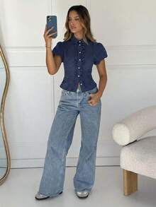 SHEIN EZwear 藏蓝色波点编织露背短袖女式衬衫纽扣上衣夏季衬衫女士牛仔钻石套装波点衬衫纽扣上衣波点上衣，夏季休闲上衣可搭配牛仔裤女士衬衫夏季女士休闲套装女士上衣和衬衫女士上衣 - 藏蓝色 - 查看 6