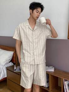 DAZY Men's Solid Color White Textured Fabric Short Sleeve Top And Pants Pajama Set, Spring/Summer - White - View 4
