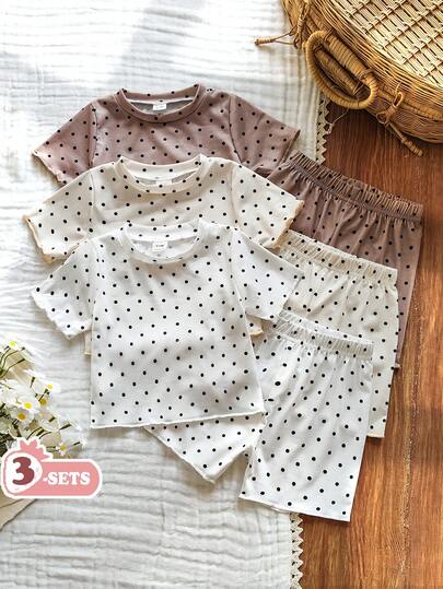 SHEIN Vintaside Kids 6pcs Set Baby Girl Casual Solid Color Knit Short Sleeve Top And Elastic Waist Shorts