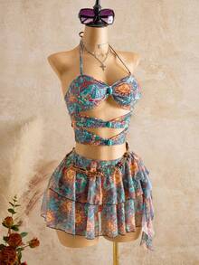 Bellisia Women's Sun Print Halter Neck Vest With Green Beads & Mesh Cake Skirt Swimsuit Set, Latest Fashion For Spring, Summer, Autumn - Multicolor - View 4