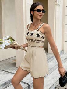 Serisse Women's Floral Print Pleated Casual Jumpsuit, Suitable For Vacation And Daily Wear - Apricot - View 7