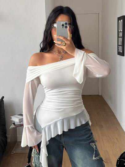Coolane Women's Plus Size Summer Streetwear Festival Country Concert Y2K Boho Gyaru Ruffle Ribbon White Off The Shoulder Tees,Fall Tops