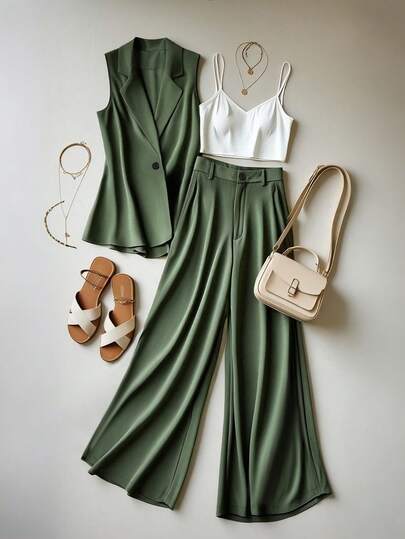 Franclia Women's Casual Commuter Suit Short-Sleeved Jacket Casual Wide-Leg Trousers Women's Slim Fit White Camisole Women's Casual Commuter Three-Piece Set Women's Green Three-Piece Set Women's Casual Commuter Three-Piece Set Women's Everyday Versatile Three-Piece Set Women's Slim Fit Three-Piece Set Women's Everyday Casual Commuter Three-Piece Set Women's Office Outfit Women's Spring And Summer Everyday Outfit Women's Everyday Casual Outfit