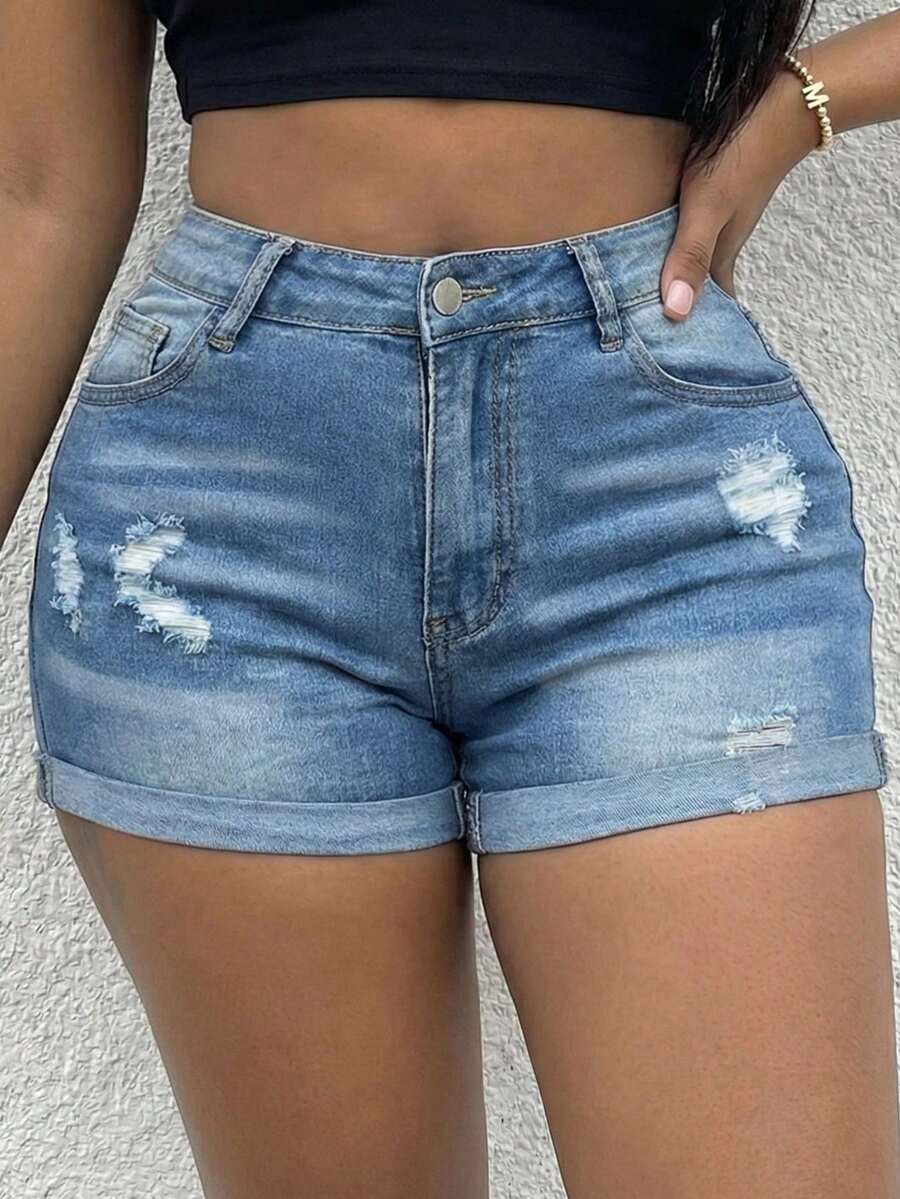 SHEIN SXY Women's High Waist Pockets Distressed Cuffed Denim Shorts - Medium Wash - View 1