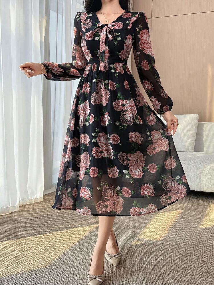 Women's V-Neck Floral Print Tie Waist Maxi Dress, Elegant Resort Style Sundress Boho