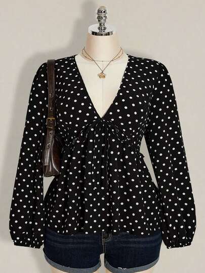 SHEIN ICON Plus-Size Women's V-Neck Ruffled Puff Sleeve A-Line Polka Dot Print Shirt, Retro Y2K Babydoll Long-Sleeved Shirt Polka Dot Outfit Long Sleeve Blouse For Women Polka Dot Top