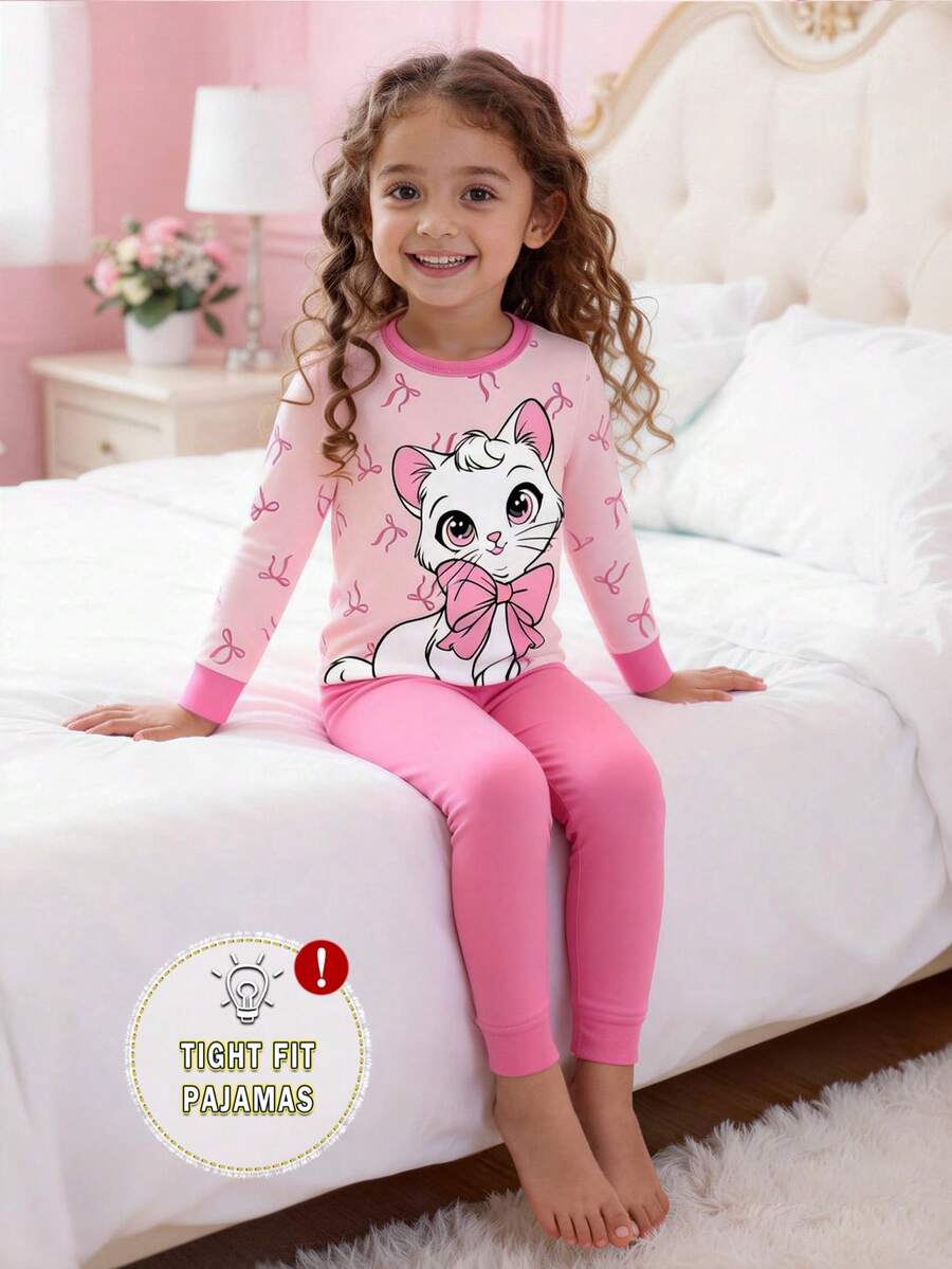 1set Baby Girls' Pajamas, Pink Cute Cartoon Cat & Bow Print, Snug Fit Long Sleeve Top And Pants, Spring/Autumn - Pink - View 1