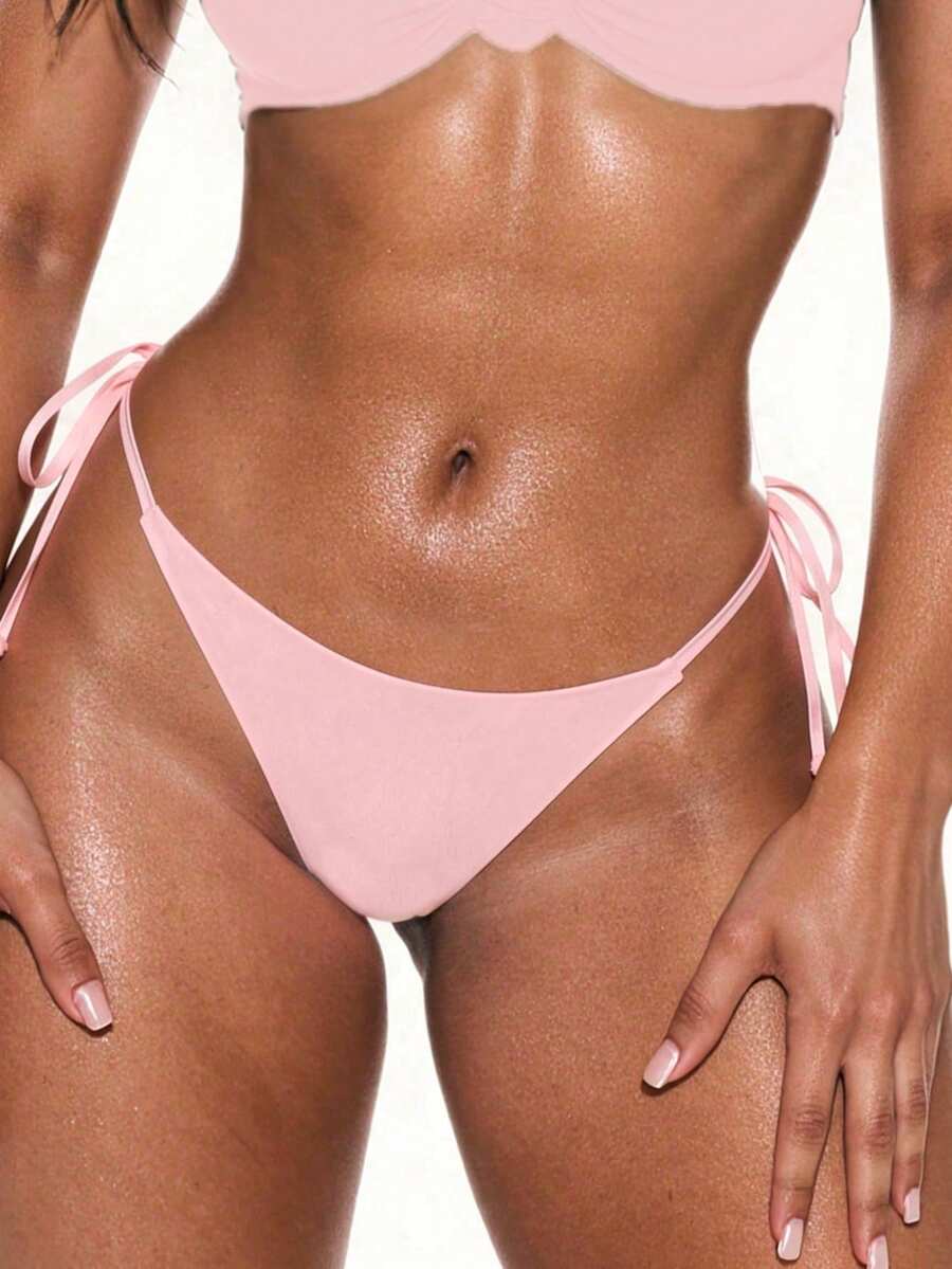 SHEIN Swim Women's Solid Color Sexy Tie-Side Bikini Bottom Beach Swimwear Summer - Pink - View 1