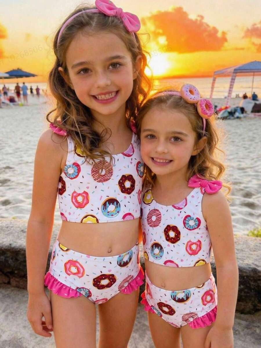 SHEIN Young Girl Summer Beach Vacation Cute Random Donut Print Bow Swimsuit Set - Pink - View 1