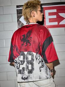 ROMWE MEN Street Life 男士扎染数码印花圆领T恤 - 酒紅色 - 查看 3