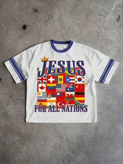 Glimmora Comfortable Men's Color-Blocked Crew Neck T-Shirt, National Flag And "Jesus" Print T-Shirt, Crew Neck, Short Sleeve, Concert Costume T-Shirt, Retro T-Shirt, Graphic T-Shirt, Fun T-Shirt, Gift For Friends.