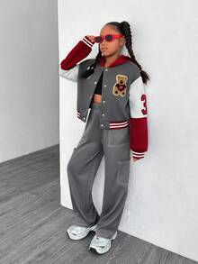 SHEIN 2pcs Tween Girl Contrast Patchwork Letter Bear Hooded Bomber Jacket And Pants Set, Streetwear - Multicolor - View 7