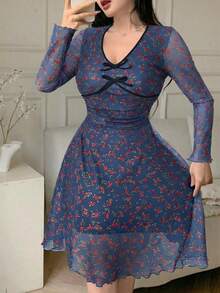 Feyla 女士优雅碎花蝴蝶结装饰收腰连衣裙，秋季 - 藍色 - 查看 4