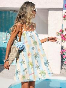 Vivid Eden 女士夏季海滩度假热带撞色条纹印花宽松吊带裙 - 彩色 - 查看 4