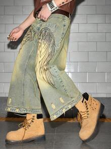 ROMWE MEN Street Life Men's Wing Embroidery Distressed Loose Fit Denim Shorts - Black - View 6