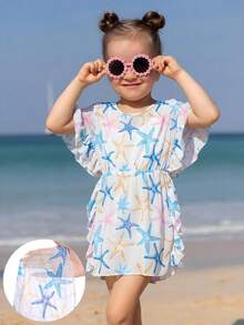 Vestido de playa con volantes y estampado aleatorio de estrella de mar para niñas pequeñas - Multicolor - Ver 1