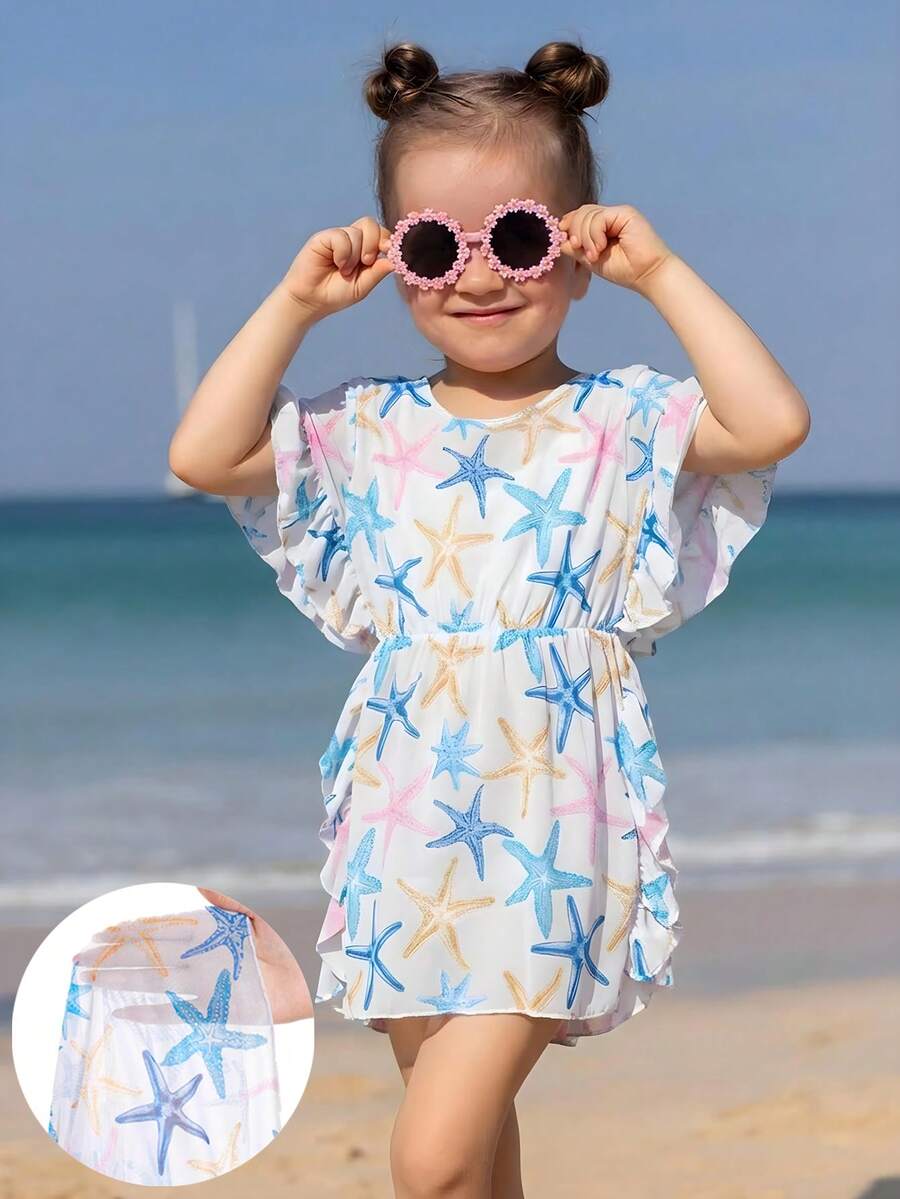 Vestido de playa con volantes y estampado aleatorio de estrella de mar para niñas pequeñas - Multicolor - Ver 1