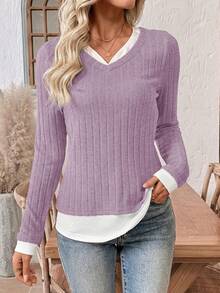 EMERY ROSE Women's Casual Everyday Contrast Ribbed Long Sleeve T-Shirt, Autumn Lilac Top Lavender Top Women Long Sleeve Tops Light Purple Top - Dusty Purple - View 1