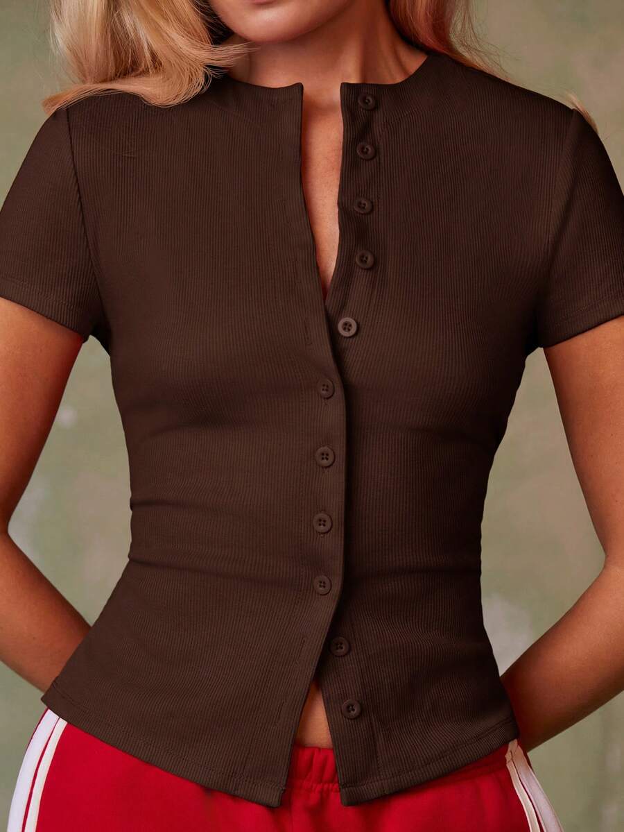 Athîral Women's Solid Color Single-Breasted Fitted Casual Daily Wear Short Sleeve Top - Brown - View 1