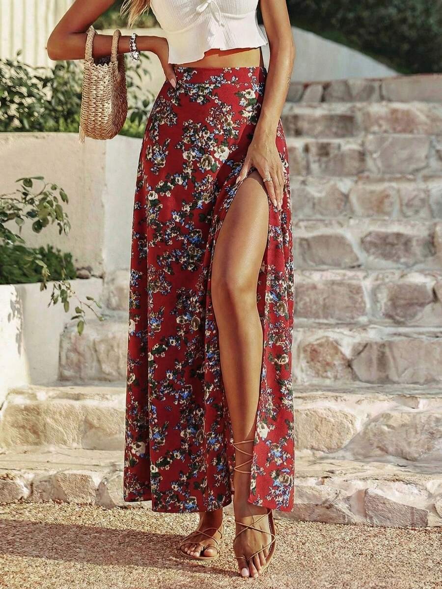Breezaya Chân váy maxi xẻ đùi in họa tiết hoa nhí dành cho nữ - Nhiều màu - Xem 1