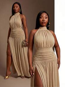 SHEIN SXY 大码女式纯色褶皱侧开衩下摆时尚吊带连衣裙 - 杏色 - 查看 5