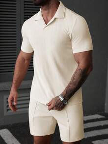 Manfinity Homme Men's Solid Color Short Sleeve Polo Shirt And Shorts Set - Apricot - View 6
