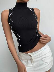 SHEIN Elenzya Women Black Knit Sleeveless Stand Collar Casual Regular Top With Rhinestone Detail - Black - View 1