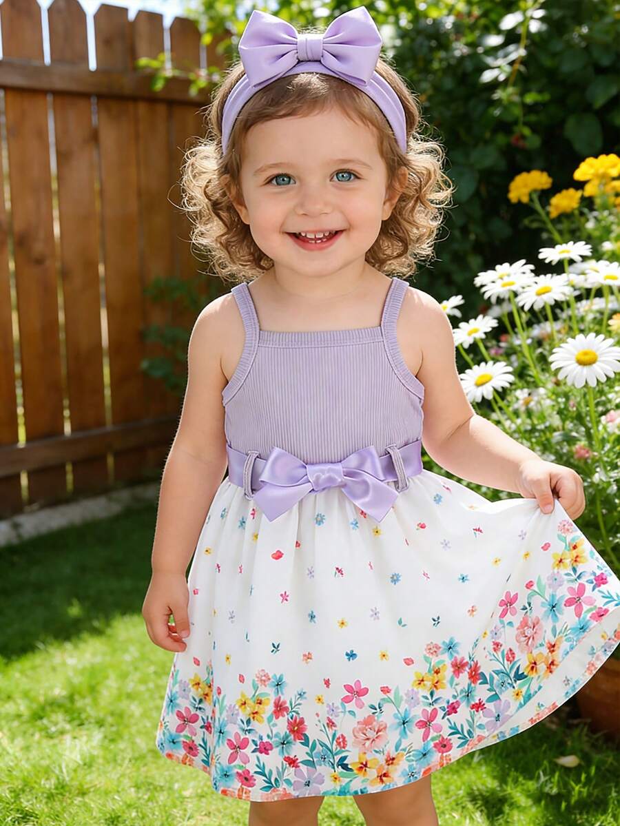 SHEIN 2-25个月女宝宝夏季新款红色罗纹爱心印花荷叶边下摆可爱休闲无袖连衣裙 - 紫色 - 查看 1