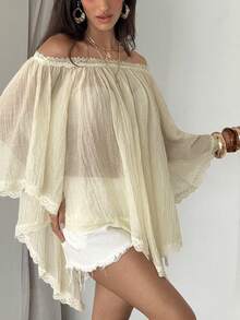 Aloruh Apricot Off Shoulder Sheer Top, Bohemian Style, Y2K Music Festival Open Shoulder Top, Solid Color Commuter Top, Easter, Beach For Woman, Summer For Women, Raves, Concert Women, Country Concert, Casual, Bohemia, Boho , Beach, Going Out Top, Vacation - Apricot - View 5