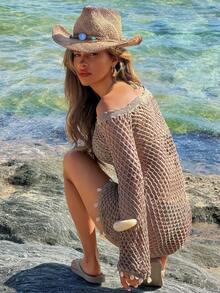 Bonvoyette Áo khoác ngoài đi biển kiểu Bohemian thanh lịch với họa tiết vỏ sò, váy đi biển dệt kim tay dài, hở vai, tay xòe bằng lưới họa tiết vỏ sò dành cho nữ, thích hợp cho các lễ hội âm nhạc, ngày Valentine. - Màu Khaki - Xem 2