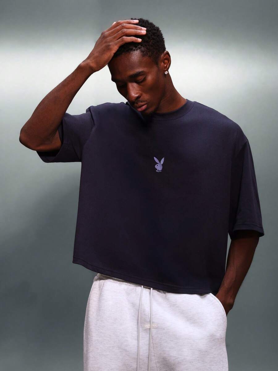 PLAYBOY X SUMWON Men Crew Neck Short Sleeve Cropped Boxy Fit Cotton Jersey T-Shirt With Small Chest Logo Print Casual Streetwear Top - Navy Blue - View 1