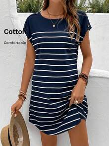 SHEIN Frenchy Đầm ngắn tay cánh dơi in họa tiết kẻ sọc - Màu xanh hải quân - Xem 8