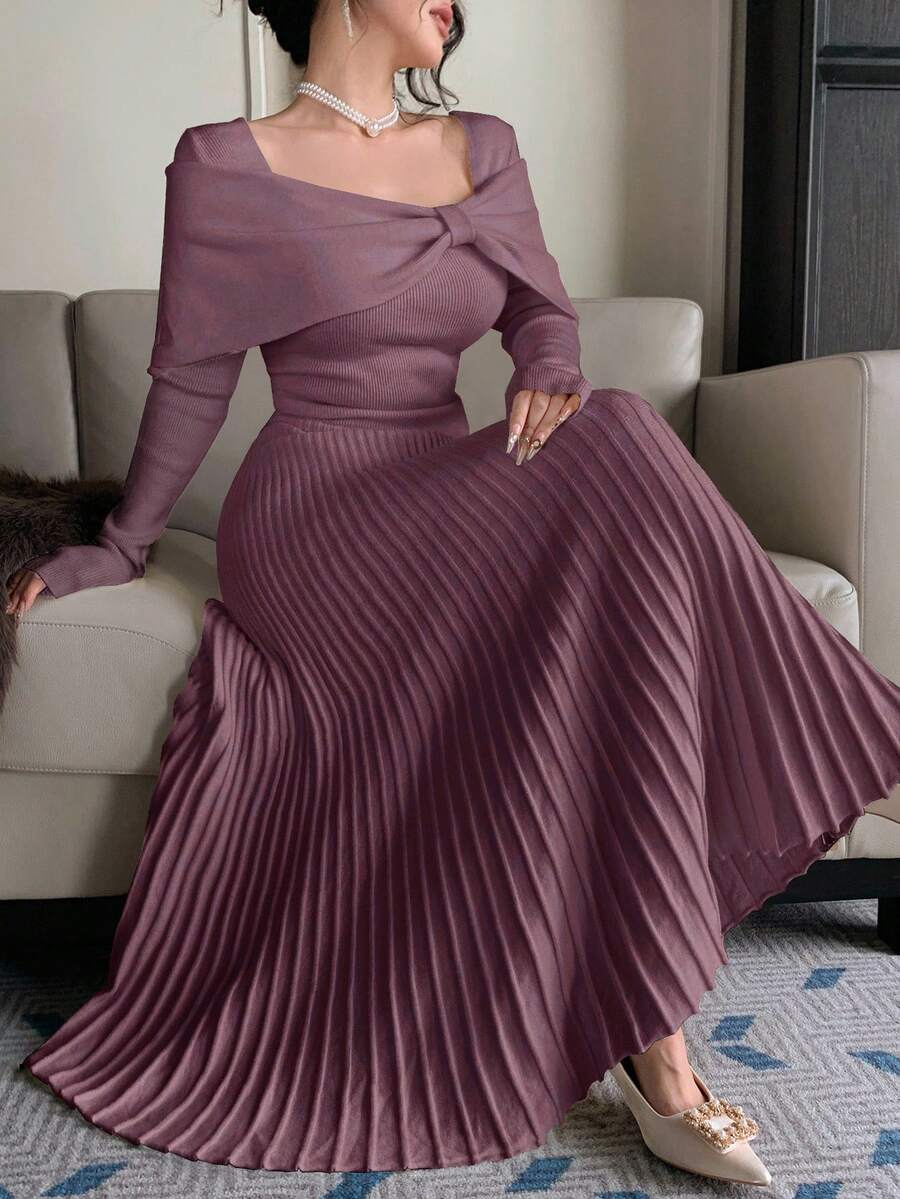 DAZY 女士优雅纯色不对称方领毛衣连衣裙，秋季 - 紫色 - 查看 1