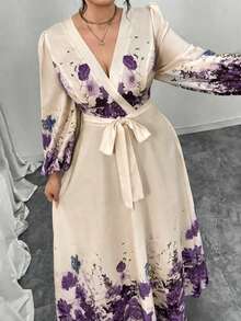 Modelyn Plus Size Women V-Neck Floral Print Twist Waist Elegant Fitted Party Dress - Multicolor - View 6