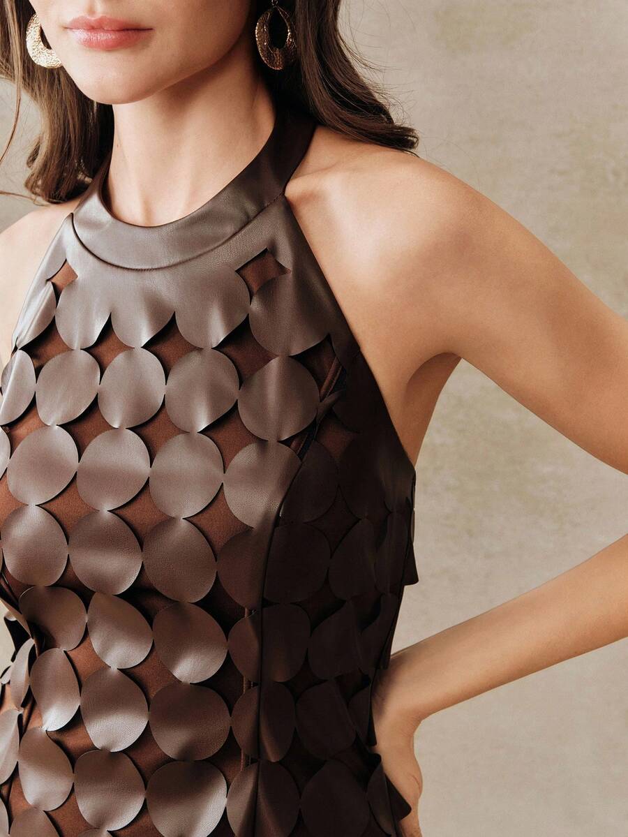 Anewsta New Elegant Women's Halter Burnout Polka Dot Sexy Backless Hollow Out Tassel Sleeveless Blouse Top, Spring/Summer - Brown - View 1