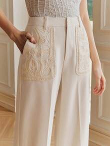 Anewsta Women's Elegant Unique Embroidered Long Suit Pants, Autumn/Winter - Beige - View 1