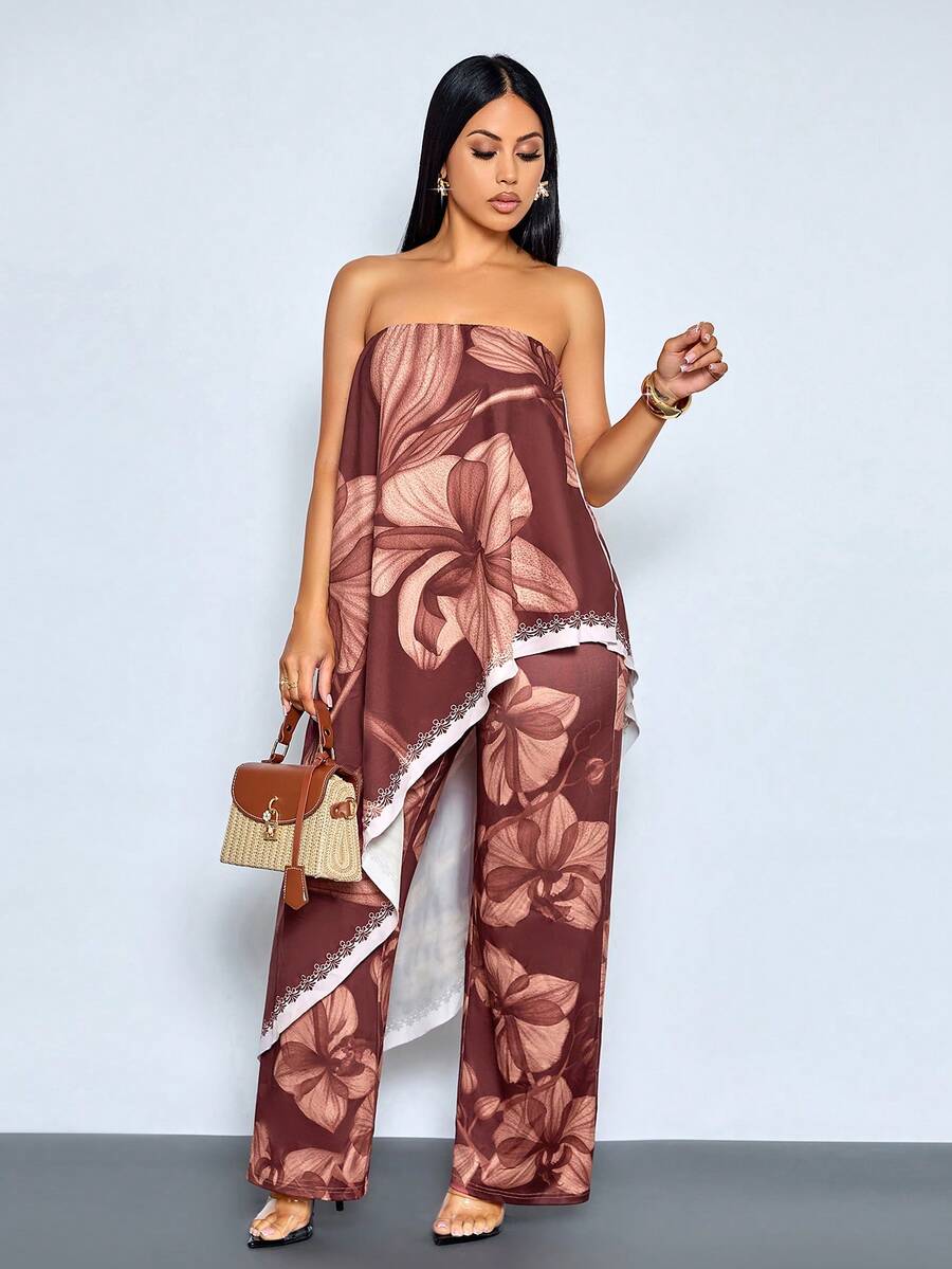 SOLERSUN Bộ jumpsuit nữ dáng rộng, trễ vai, in hoa, chất liệu chiffon, hoàn hảo cho kỳ nghỉ, hẹn hò hoặc những buổi đi chơi thường ngày, trang phục thường nhật sang trọng. - Đỏ - Xem 1