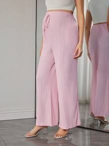 Momance 女士长款纹理面料优雅系带直筒孕妇裤 - 粉色 - 查看 3