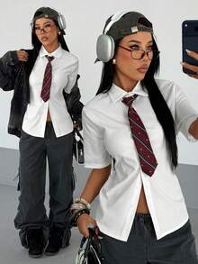 StreetHx Áo kiểu nữ tay ngắn màu trắng thắt nơ hình ngôi sao, kiểu dáng Y2K, phong cách đường phố, preppy, thường ngày, phù hợp đi làm. - trắng - Xem 1