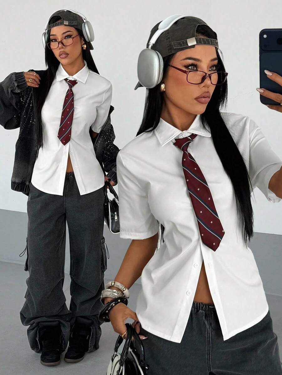 StreetHx Áo kiểu nữ tay ngắn màu trắng thắt nơ hình ngôi sao, kiểu dáng Y2K, phong cách đường phố, preppy, thường ngày, phù hợp đi làm. - trắng - Xem 1